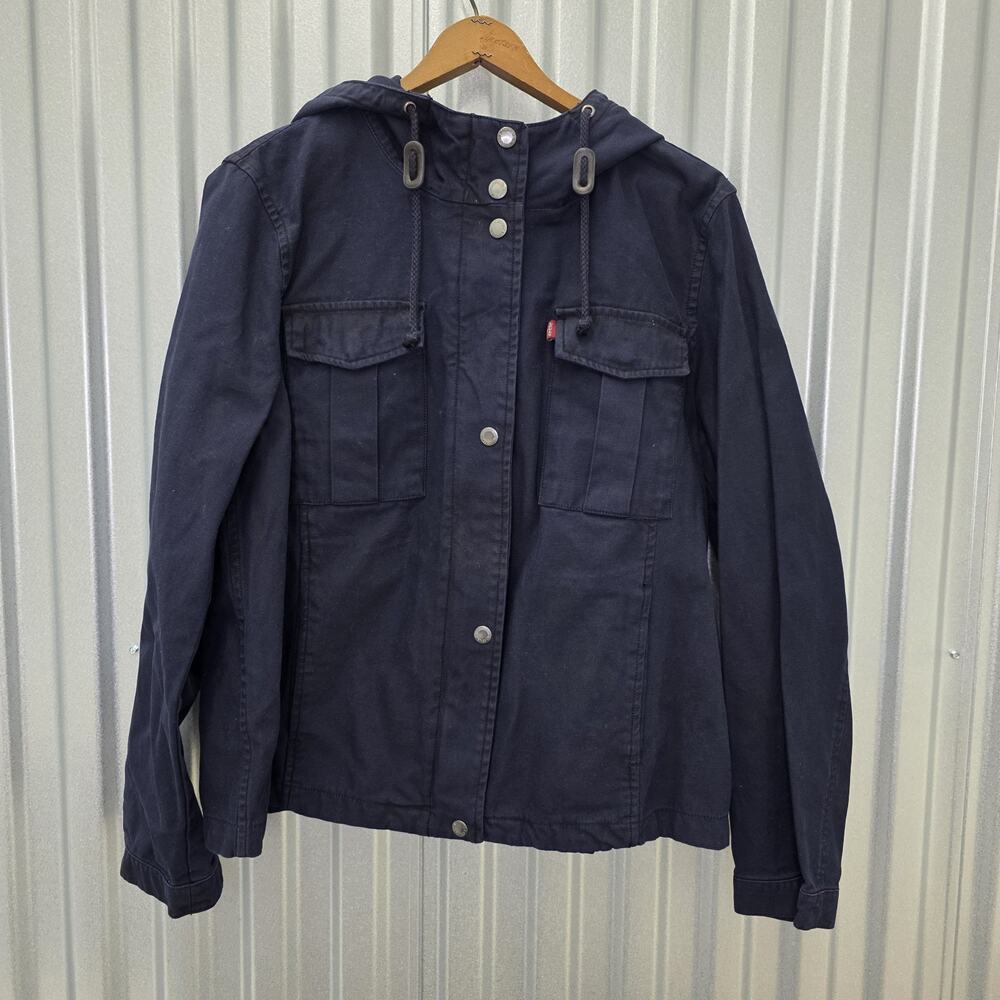 Levis Women's Large Zip Coat Jacket Hoodie Dark Navy Blue Drawstring Utility